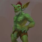 anthroraptor blizzard_entertainment bottomwear clothed clothing ear_piercing foreskin genitals goblin green_body half-erect hi_res humanoid humanoid_genitalia humanoid_penis male nipples open_bottomwear open_clothing open_pants pants penis penis_through_fly piercing poking_out shorts solo topless warcraft