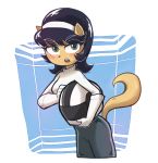  2018 anthro armor black_hair blush breasts cat clothed clothing feline female fur gloves green_eyes hair helmet hi_res holding_object icyclay kitty_katswell looking_at_viewer mammal nickelodeon open_mouth solo sweat sweater t.u.f.f._puppy tan_fur 