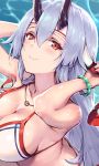  arms_up bikini bracelet breasts cleavage eyeliner fate/grand_order fate_(series) from_above haoni headband horns jewelry large_breasts long_hair looking_up makeup necklace outdoors red_eyes silver_hair smile solo swimsuit tomoe_gozen_(fate/grand_order) tying_headband very_long_hair water white_bikini 