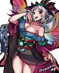  1girl black_kimono blue_kimono breasts butterfly_wings crown_of_thorns facial_mark fairy_wings fire_emblem fire_emblem_heroes forehead_mark highres insect_wings japanese_clothes kimono large_breasts multicolored_clothes multicolored_kimono official_alternate_costume plumeria_(fire_emblem) plumeria_(new_year)_(fire_emblem) red_trim sbql_(niaunclefan) single_bare_shoulder thorns wings 