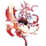  1girl animal_ears blue_eyes closed_mouth detached_sleeves fire fox_ears fox_tail full_body hair_between_eyes hair_ornament higokumaru honkai_(series) honkai_impact_3rd japanese_clothes multicolored_hair multiple_tails official_art pink_hair red_hair red_socks sandals smile socks solo streaked_hair tail tassel tassel_hair_ornament third-party_source transparent_background 