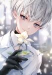  1boy 9s_(nier:automata) bishounen black_choker black_gloves choker commentary_request flower gloves grey_eyes grey_hair happy_white_day holding holding_flower jacket ln looking_at_viewer male_focus nier:automata nier_(series) smile solo upper_body white_day white_flower white_jacket 