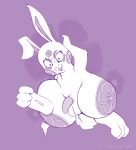  2023 3_toes anthro balls buckteeth cocampplus feet fur genitals hi_res lagomorph leporid looking_at_viewer male mammal nude_male open_mouth penis purple_background rabbit simple_background solo spike_chunsoft tail teeth toes virtue&#039;s_last_reward white_body white_fur zero_escape zero_iii 