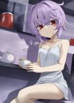  akisome_hatsuka alternate_costume alternate_hairstyle bat_wings black_wings breasts camisole collarbone cup looking_at_viewer pointy_ears purple_hair red_eyes remilia_scarlet short_ponytail slit_pupils small_breasts smile teacup thighs touhou wings 