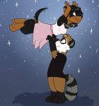  2018 anthro beeton black_fur bottomless brown_fur canine carrying clothed clothing dancing digital_drawing_(artwork) digital_media_(artwork) dirty_dancing doberman dog dragonessdrei dress duo female fur gloves_(marking) hi_res jewelry kiyani looking_up male mammal markings necklace procyonid raccoon side_view signature socks_(marking) sparkles striped_tail stripes white_fur 