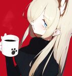  1girl alternate_costume animal_ear_fluff animal_ears black_sweater blonde_hair blue_archive blue_eyes breasts clenched_teeth coffee cup extra_ears hair_over_one_eye highres holding holding_cup kanna_(blue_archive) karasuri large_breasts long_hair long_sleeves looking_at_viewer red_background sharp_teeth simple_background solo sweater teeth turtleneck turtleneck_sweater upper_body 