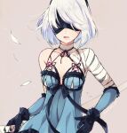  2b_(nier:automata) bandaged_arm bandages black_blindfold blindfold blue_dress breasts cosplay covered_eyes dress facing_viewer gloves holding holding_sword holding_weapon kaine_(nier) kaine_(nier)_(cosplay) malt_40 mole mole_under_mouth nier nier:automata nier_(series) parted_lips short_hair small_breasts sword upper_body weapon white_hair 