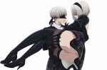  1girl 2b_(nier:automata) ass black_blindfold black_dress black_hairband black_thighhighs blindfold boots carrying carrying_person covered_eyes dress full_body gloves hairband high_heels highres juliet_sleeves leotard leotard_under_clothes lifting_person long_sleeves nier:automata nier_(series) princess_carry puffy_sleeves shirl_geem short_hair simple_background thick_thighs thighhighs thighs white_background white_hair 