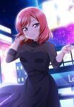  1girl adjusting_hair alternate_costume black_dress breasts building dress grin hands_up highres looking_at_viewer love_live! love_live!_school_idol_project medium_hair night night_sky nishikino_maki parted_lips purple_eyes red_hair red_nails shiratama_(siratama_ll) sky small_breasts smile solo star_(sky) swept_bangs 
