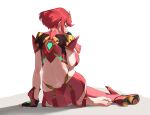  1girl back back_focus backboob backless_outfit barefoot breasts earrings feet fingerless_gloves from_behind full_body gloves hand_on_floor highres jewelry large_breasts looking_at_viewer looking_back monoi_daru on_floor pyra_(xenoblade) red_hair shoes short_hair shorts simple_background single_shoe single_thighhigh sitting soles solo sukai_222 thighhighs tiara toes white_background xenoblade_chronicles_(series) xenoblade_chronicles_2 yellow_eyes 