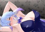  1girl absurdres amai-pai aqua_eyes armpits arms_up bare_shoulders blue_hair blush breasts cleavage commentary head_wings highres honkai:_star_rail honkai_(series) large_breasts leotard long_hair looking_at_viewer parted_lips purple_leotard robin_(honkai:_star_rail) smile solo strapless strapless_leotard upper_body very_long_hair wings 