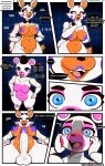 absurd_res balls bear black_sclera blue_eyes breasts canid canine chest_tuft close-up comic dialogue female first_person_view five_nights_at_freddy&#039;s five_nights_at_freddy&#039;s_world fox freddy_fuckbear&#039;s_cathouse_(kevwrite) genitals gynomorph helpy_(fnaf) herm hi_res intersex intersex/male kevwrite lolbit_(fnaf) male mammal nipples orange_body penis pink_body pubes purple_nipples scottgames slightly_chubby speech_bubble text tuft white_body