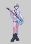  1boy aqua_eyes aqua_hair baseball_cap black_footwear boots breast_pocket closed_mouth collared_shirt denim denim_shorts electric_guitar full_body grey_background guitar guitar_strap hat highres holding holding_guitar holding_instrument instrument left-handed long_sleeves looking_at_viewer male_focus original pocket shachi_(eat_orca) shirt short_hair short_shorts shorts simple_background sleeves_past_wrists solo standing torn_clothes torn_shorts white_hat white_shirt 