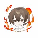  05980128sy 1boy brown_eyes brown_hair capelet chinese_commentary closed_mouth commentary_request fire gold_trim hair_between_eyes jabuchi_you looking_at_viewer male_focus saibou_shinkyoku short_hair simple_background solo white_background white_capelet 