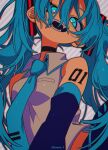  1girl absurdres aqua_eyes bare_shoulders black_choker blue_hair blue_necktie breasts bright_pupils choker collared_shirt detached_sleeves grey_shirt hair_ornament hashtag-only_commentary hatsune_miku highres kansou_(kanso_1) long_bangs looking_at_viewer necktie number_tattoo open_mouth shirt sleeveless sleeveless_shirt small_breasts solo tattoo teeth twintails upper_body vocaloid white_pupils 