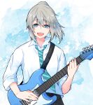  1girl 25at000 aqua_necktie blue_eyes collared_shirt commentary_request diagonal-striped_clothes diagonal-striped_necktie electric_guitar fender_stratocaster floating_hair girls_band_cry grey_hair guitar hair_between_eyes highres holding holding_guitar holding_instrument instrument kawaragi_momoka medium_hair necktie open_mouth ponytail school_uniform shirt sleeves_past_elbows solo striped_clothes teeth upper_body upper_teeth_only white_shirt 