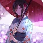  aihara_mei artist_name bad_id bad_pixiv_id black_hair blue_kimono chi_zu_crazy citrus_(saburouta) floral_print flower hair_flower hair_ornament holding holding_umbrella japanese_clothes kimono looking_at_viewer obi oriental_umbrella parted_lips print_kimono rain red_flower red_rose red_umbrella rose sash sidelocks solo tied_hair umbrella upper_body 