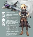  1girl absurdres aircraft airplane ammunition_belt black_thighhighs blonde_hair brown_footwear brown_gloves brown_shorts canards english_text fighter_jet fingerless_gloves full_body gloves highres jet midriff military_vehicle missile original pandramodo pointy_ears saab_gripen short_sleeves shorts smoke solo standing thighhighs yellow_eyes 