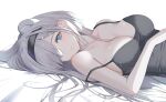  1girl alternate_costume animal_ears arknights aurora_(arknights) bare_shoulders bear_ears bear_girl black_camisole black_hairband blue_eyes breasts camisole cleavage closed_mouth collarbone commentary_request extra_ears grey_hair hair_ornament hair_over_one_eye hairband kozeni_isari large_breasts long_hair looking_at_viewer lying on_back sideways simple_background smile solo strap_slip white_background 