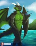  2021 anthro athletic athletic_anthro athletic_male belly_scales black_body black_scales digital_media_(artwork) dragon dripping_water ear_fins ear_frill eyewear featureless_crotch fin foxra frill_(anatomy) green_body green_frill green_scales head_horn hi_res holding_eyewear holding_object holding_sunglasses horn male membrane_(anatomy) membranous_wings multi_horn mythological_creature mythological_scalie mythology navel nude outside partially_submerged patreon patreon_logo pecs pupils scales scalie sky slit_pupils solo sunglasses tail tail_fin tail_frill text trio_(trio_crydic) url water wet wet_body wet_scales wet_wings wings yellow_eyes 