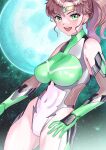  1girl absurdres arion_canvas bishoujo_senshi_sailor_moon bodysuit breasts brown_hair covered_navel covered_nipples gloves green_eyes highres kino_makoto large_breasts long_hair looking_at_viewer magical_girl open_mouth sailor_jupiter skin_tight smile solo taimanin_suit 