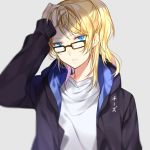  artist_name ayase_eli bad_id bad_pixiv_id bangs black-framed_eyewear black_jacket blonde_hair blue_eyes chi_zu_crazy eyebrows_visible_through_hair glasses grey_background jacket long_hair love_live! love_live!_school_idol_project open_clothes open_jacket ponytail shirt simple_background solo swept_bangs upper_body white_shirt 