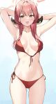  1girl areola_slip armpits arms_behind_head arms_up aru_(blue_archive) bare_shoulders bikini blue_archive blush breasts collarbone halo highres horns kaetzchen long_hair looking_at_viewer medium_breasts navel open_mouth pink_hair red_bikini smile solo swimsuit thighs yellow_eyes 