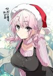  1girl adjusting_hair apron black_apron blurry bokeh breasts cleavage_cutout closed_mouth clothes_writing clothing_cutout collarbone commentary_request depth_of_field dot_mouth dot_nose grey_eyes hat izumi_rei jacket jacket_on_shoulders large_breasts leaning_forward long_hair looking_at_viewer original pink_hair pink_sweater santa_hat sideways_glance solo sweater translation_request upper_body 
