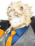  1boy animal_ears astosis_(live_a_hero) bara beard blonde_hair blue_eyes blue_shirt braid closed_mouth collared_shirt facial_hair full_beard furry furry_male grey_jacket grey_vest grid_background hagiography highres jacket lion_boy lion_ears live_a_hero looking_at_viewer male_focus necktie orange_necktie pinstripe_jacket pinstripe_pattern pinstripe_vest portrait shirt solo thick_eyebrows three_quarter_view vest white_background 