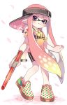  backwards_hat bangs bike_shorts black_hat black_shorts blunt_bangs cherry_blossoms closed_mouth commentary domino_mask eyebrows_visible_through_hair full_body hat holding holding_weapon ink_tank_(splatoon) inkling inkling_(language) long_hair looking_at_viewer maco_spl mask multicolored multicolored_polka_dots n-zap_(splatoon) pink_eyes pink_hair pointy_ears polka_dot polka_dot_footwear shirt shoes short_sleeves shorts single_vertical_stripe smile solo splatoon_(series) splatoon_1 standing standing_on_one_leg t-shirt tentacle_hair very_long_hair visor_cap weapon white_background yellow_shirt 