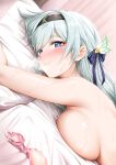  1girl after_sex arm_up armpit_crease armpits black_hairband blue_eyes blue_pupils blush breast_press breasts chinese_commentary condom dutch_angle firefly_(honkai:_star_rail) from_side green_hair hair_ornament hairband head_on_pillow heavy_breathing highres honkai:_star_rail honkai_(series) indoors large_breasts long_hair looking_at_viewer looking_to_the_side lying nude on_bed on_side on_stomach royboy sideboob smile solo sweat used_condom 