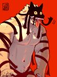  1boy bara black_mask black_stripes blood blood_from_mouth blood_on_chest colored_sclera constricted_pupils dated dream_tiger_(govy9807) drooling furry furry_male highres jeck_(2184521) male_focus motion_lines muscular muscular_male navel nipples nude open_mouth orange_fur orange_sclera original red_background sharp_teeth signature simple_background solo sweat teeth thick_navel_hair three_quarter_view tongue tongue_out topless_male two-tone_fur upper_body waving 