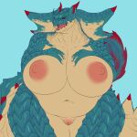  absurd_res anthro areola big_breasts blue_body breasts capcom female genitals hi_res horn lagiacrus leviathan_(mh) looking_at_viewer monster_hunter nipples nude pussy simple_background solo tail thick_thighs tolerain 