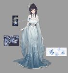  1girl azur_lane black_hair butterfly_hair_ornament chen_hai_(azur_lane) chen_hai_(sylvan_gaden&#039;s_embroidery)_(azur_lane) chinese_clothes dress floral_print full_body green_dress grey_background gujianshaonu hair_ornament highres long_dress long_sleeves looking_at_viewer official_alternate_costume parted_lips red_eyes reference_sheet simple_background solo standing wide_sleeves 