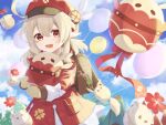  1girl absurdres backpack bag balloon blonde_hair day feathers genshin_impact gloves hat highres jumpy_dumpty klee_(genshin_impact) koyulu open_mouth outdoors pointy_ears red_eyes red_hat solo 