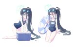 &lt;key&gt;_(blue_archive) 2girls 525_woiwo absurdly_long_hair absurdres aris_(blue_archive) bare_arms bare_legs bare_shoulders barefoot black_hair black_one-piece_swimsuit blue_archive blue_eyes blush breasts closed_mouth collarbone eyewear_on_head green_halo halo highres innertube long_hair looking_at_viewer multiple_girls name_tag one-piece_swimsuit open_mouth red_eyes school_swimsuit side_ponytail simple_background small_breasts smile sunglasses swim_ring swimsuit very_long_hair white_background 