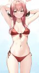  1girl armpits arms_behind_head arms_up aru_(blue_archive) bare_shoulders bikini blue_archive blush breasts closed_mouth collarbone halo highres horns kaetzchen long_hair looking_at_viewer medium_breasts navel pink_hair red_bikini smile solo swimsuit thighs yellow_eyes 