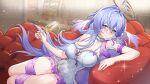  1girl alternate_costume aqua_eyes armlet bare_shoulders blue_hair blush bow breasts champagne_flute chinese_commentary cleavage collarbone commentary_request couch cup dress drinking_glass earrings full_body hair_between_eyes halo head_wings highres holding holding_cup honkai:_star_rail honkai_(series) jewel_under_eye jewelry large_breasts long_hair looking_at_viewer lying on_side pouring pouring_onto_self purple_bow purple_ribbon ribbon robin_(honkai:_star_rail) solo sparkle srpzk very_long_hair white_dress wings 