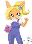  1boy 1girl black_eyes blonde_hair blue_overalls bright_pupils coco_bandicoot computer contrapposto cowboy_shot crash_bandicoot crash_bandicoot_(series) crash_bandicoot_woah_(meme) furry furry_female furry_male high_ponytail holding holding_laptop laptop lets0020 looking_at_viewer meme open_mouth overalls shirt short_hair short_sleeves simple_background smile solo_focus white_background white_pupils white_shirt 