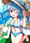  1girl bikini blue_bikini breasts collarbone hat highres jewelry kawashiro_nitori key key_necklace looking_at_viewer necklace one_eye_closed open_mouth outdoors pool ruu_(tksymkw) smile solo straw_hat swimsuit touhou two_side_up 