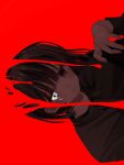  1girl absurdres black_hair black_shirt brown_eyes closed_mouth collared_shirt dripping dripping_eye hanataro_(sruvhqkehy1zied) hand_up heterochromia highres long_sleeves looking_at_viewer original red_background shirt short_hair sideways simple_background solo upper_body white_eyes 