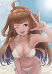  1girl ;d ahoge ass_visible_through_thighs beach bikini blue_sky blunt_bangs breasts brown_hair cleavage collarbone commentary_request double_bun front-tie_bikini_top front-tie_top gucchi_(gucchi_zuizui) hair_bun hairband hand_up kantai_collection kongou_(kancolle) large_breasts leaning_forward long_hair looking_at_viewer one_eye_closed outdoors purple_eyes side-tie_bikini_bottom sky smile solo sun swimsuit teeth upper_teeth_only w white_bikini 