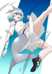  1girl :d bare_arms bare_legs bare_shoulders black_footwear blowhole blue_eyes blue_hair breasts cetacean_tail clenched_hands clothing_cutout commentary common_bottlenose_dolphin_(kemono_friends) dolphin_girl dorsal_fin downblouse fins fish_tail flying_kick foot_out_of_frame gradient_hair grey_hair hair_between_eyes head_fins highres kemono_friends kicking kneepits medium_breasts multicolored_hair no_bra open_mouth shirt shoes short_sleeves shoulder_cutout skirt smile solo tail tanabe_(fueisei) teeth upper_teeth_only white_hair white_shirt white_skirt 