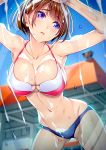  1girl against_glass armpits arms_up bare_arms bare_legs bare_shoulders bikini blush breast_press breasts brown_hair cleavage eyebrows eyebrows_visible_through_hair gekikawa_onna_fukujuu_haramase_nakadashi_seisaku groin highres large_breasts legs looking_at_viewer navel o-ring o-ring_bikini original outdoors parted_lips purple_eyes short_hair soap_bubbles solo standing swimsuit thighs triangle_(company) 