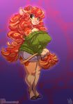  2018 anthro atryl big_breasts big_hair bovine breasts cattle clothed clothing digital_media_(artwork) female green_eyes hair hi_res hooves horn long_hair looking_at_viewer mammal off_shoulder patreon signature smile solo sweater tail_tuft track_shorts tuft url 