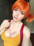  1girl bare_shoulders blue_eyes breasts cleavage cosplay highres kasumi_(cosplay) kasumi_(pokemon) large_breasts non-asian orange_hair pale_skin pokemon pokemon_(anime) self_shot solo suspenders tanktop upper_body 