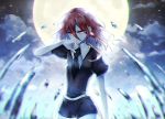  androgynous cloud commentary_request full_moon gem_uniform_(houseki_no_kuni) glowing glowing_eyes hair_between_eyes houseki_no_kuni long_bangs looking_at_viewer meguritekuruhi mercury moon necktie night night_sky red_eyes red_hair shinsha_(houseki_no_kuni) short_hair sky solo wiping_face 