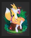  ambiguous_gender anthro avian bird digimon female feral fur nature orange_fur renamon tree valkoinen yellow_fur 