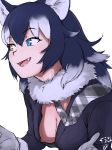  absurdres animal_ears blazer blue_eyes blue_hair breasts cleavage commentary_request eyebrows_visible_through_hair fang fur_collar gloves grey_background grey_wolf_(kemono_friends) hair_between_eyes hands_up heterochromia highres jacket kemono_friends leaning_forward long_hair long_sleeves looking_to_the_side masuyama_ryou medium_breasts multicolored_hair necktie nipple_slip nipples no_bra open_mouth plaid_neckwear sidelocks simple_background smile solo two-tone_hair upper_body white_background white_hair wolf_ears yellow_eyes 