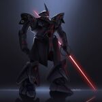 absurdres armor artist_name backlighting black_armor black_cape bradley_cai cape char&#039;s_counterattack crossover double-bladed_spinning_lightsaber double_bladed_lightsaber energy_sword english_commentary galactic_empire glowing glowing_eye glowing_lines gundam highres holding_lightsaber imperial_insignia inquisitor_(star_wars) insignia joints lightsaber mecha mechanical_parts mobile_suit neo_zeon one-eyed red_light red_lightsaber reflection reflective_floor robot robot_joints sazabi science_fiction signature solo standing star_wars sword waist_cape weapon 